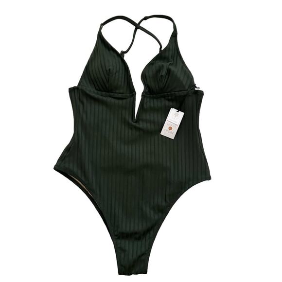 Shade & Shore Swimsuit One Piece Green Ribbed Plunge V-Wire Swimsuit Large NEW - Picture 2 of 12